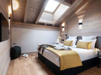 This stunning bedroom boasts a cozy wooden interior with a vaulted ceiling and skylights, creating a bright and airy atmosphere.