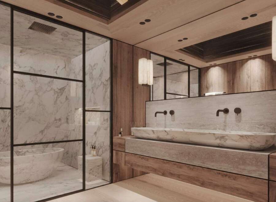 Luxurious bathroom with marble finishes and wooden accents.