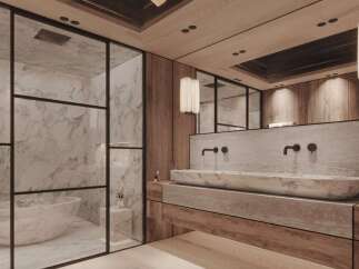 Luxurious bathroom with marble finishes and wooden accents.