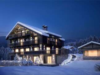 Luxury chalet in the snowy mountains with stunning night views.