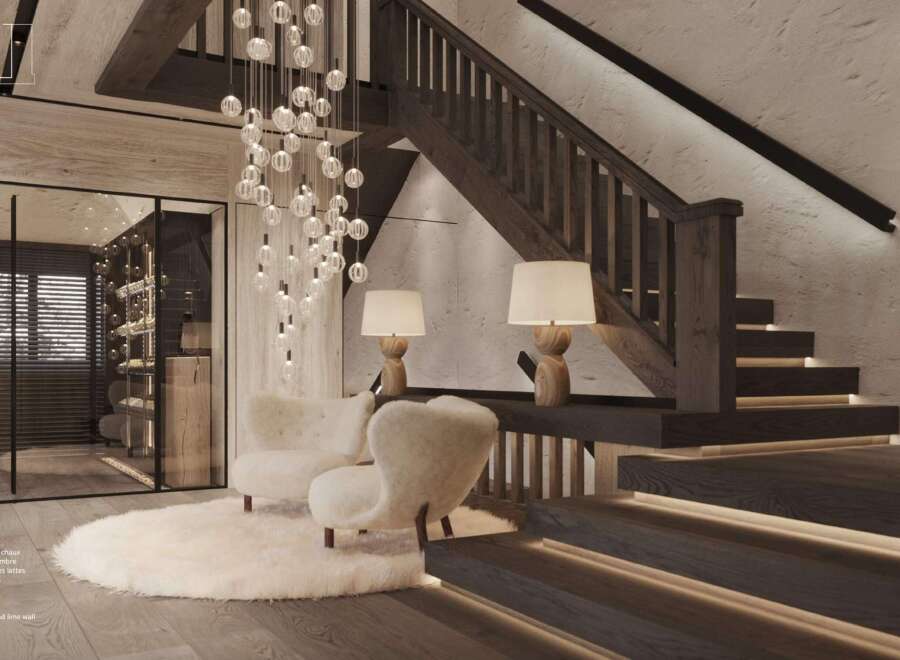 Stunning hall with light color wood and lime walls, complemented by dark wood stairs and wide slat parquet flooring.