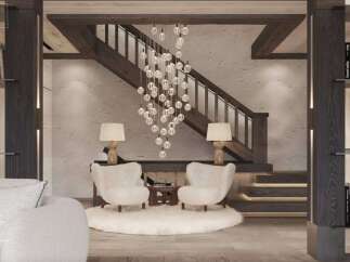 Stunning entryway with a unique chandelier, showcasing a blend of light and dark wood, and a spacious feel.
