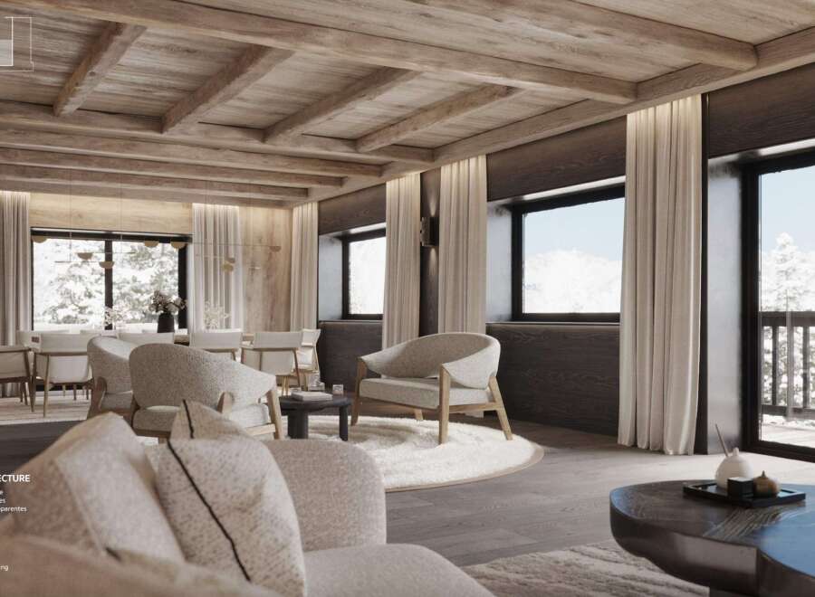 This stunning parlor boasts dark wooden walls, wide-plank parquet flooring, and an exposed beam ceiling, creating a warm and inviting atmosphere.