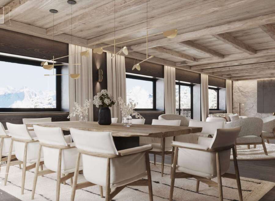 This stunning dining room boasts a large 12-seater table, a designer fireplace, and an exposed beam ceiling.