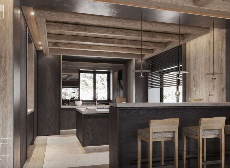 This stunning kitchen boasts a dark wood and grey stone bar, a central island, and exposed beam ceiling.