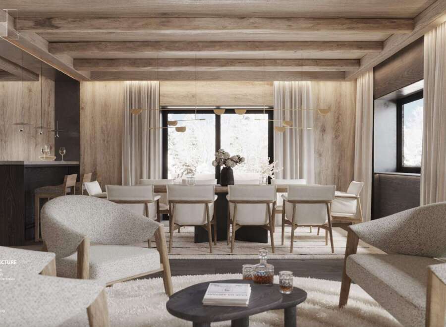 This stunning parlor boasts dark wooden walls, wide-plank parquet flooring, and an exposed beam ceiling, creating a warm and inviting atmosphere.