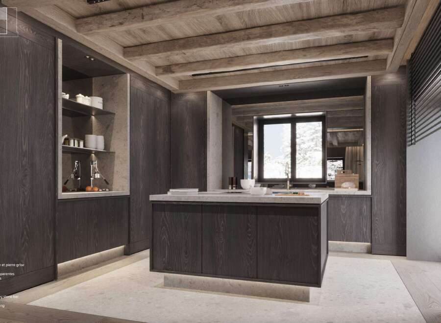 This stunning kitchen boasts a dark wood and grey stone bar, a central island, and integrated lighting.