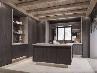 This stunning kitchen boasts a dark wood and grey stone bar, a central island, and integrated lighting.
