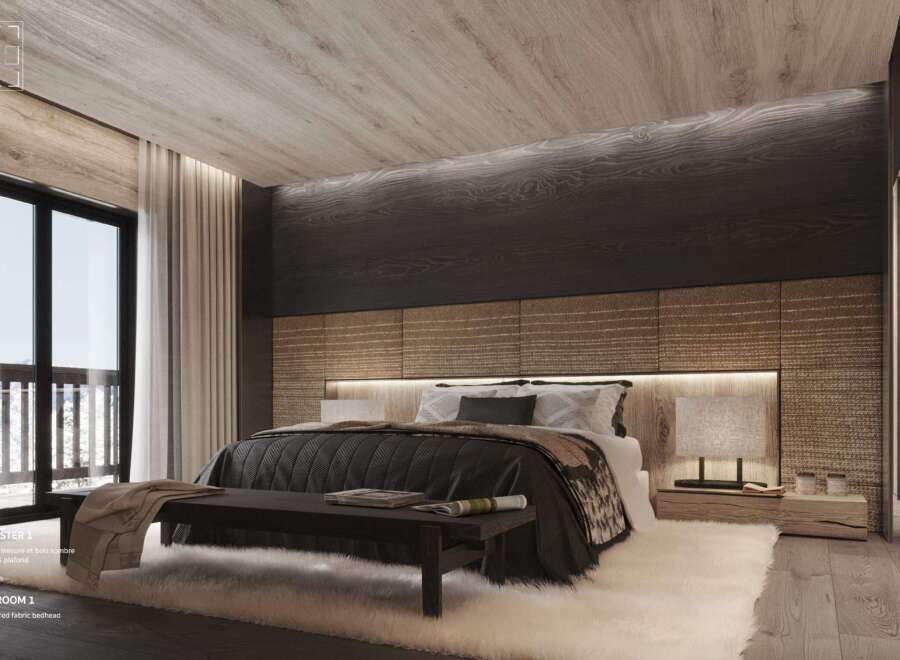 Luxurious master bedroom with a tailored fabric bedhead, high ceiling, and light wood ceiling.