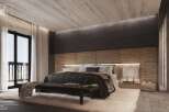 Luxurious master bedroom with a tailored fabric bedhead, high ceiling, and light wood ceiling.