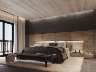 Luxurious master bedroom with a tailored fabric bedhead, high ceiling, and light wood ceiling.