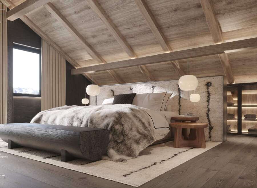 This stunning bedroom boasts an exposed wooden framework, integrated lighting, and wide-plank parquet flooring.