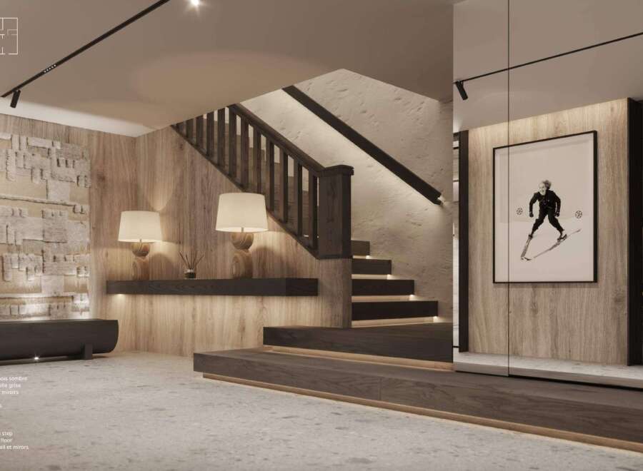 Stunning hall with dark wood running step, natural grey stone floor, and light color wood walls and mirrors.