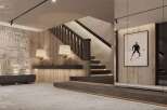 Stunning hall with dark wood running step, natural grey stone floor, and light color wood walls and mirrors.