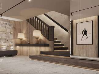 Stunning hall with dark wood running step, natural grey stone floor, and light color wood walls and mirrors.