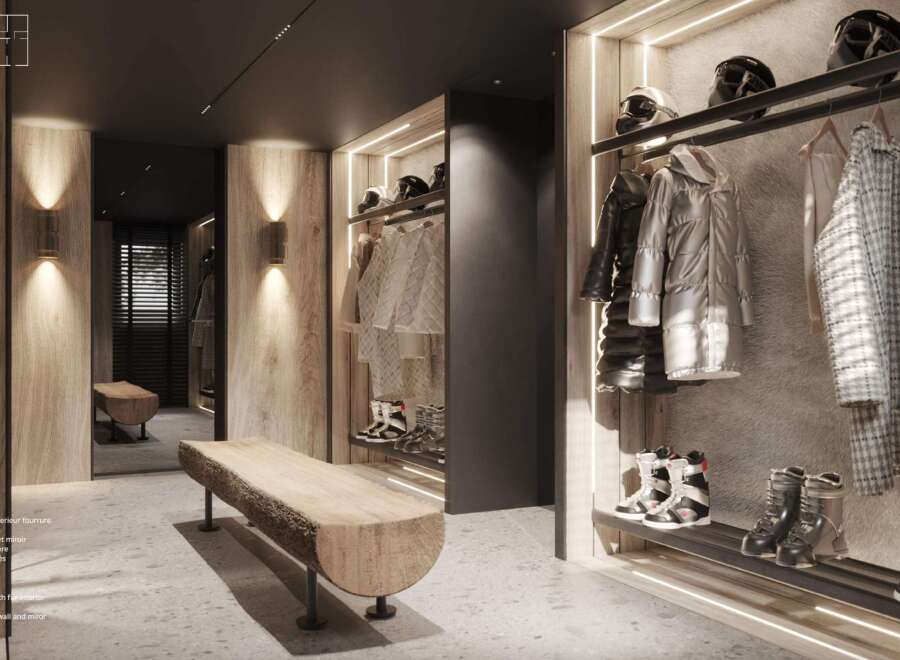 Luxury ski room with fur interior, grey stone floor, and integrated lighting.