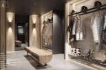 Luxury ski room with fur interior, grey stone floor, and integrated lighting.