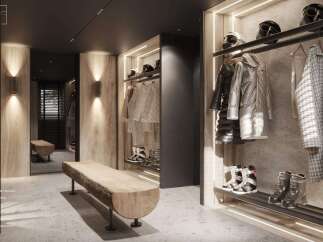 Luxury ski room with fur interior, grey stone floor, and integrated lighting.