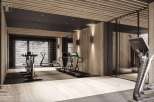 This stunning fitness room boasts light wood walls and a mirror, complemented by a dark wood ceiling and integrated lighting.