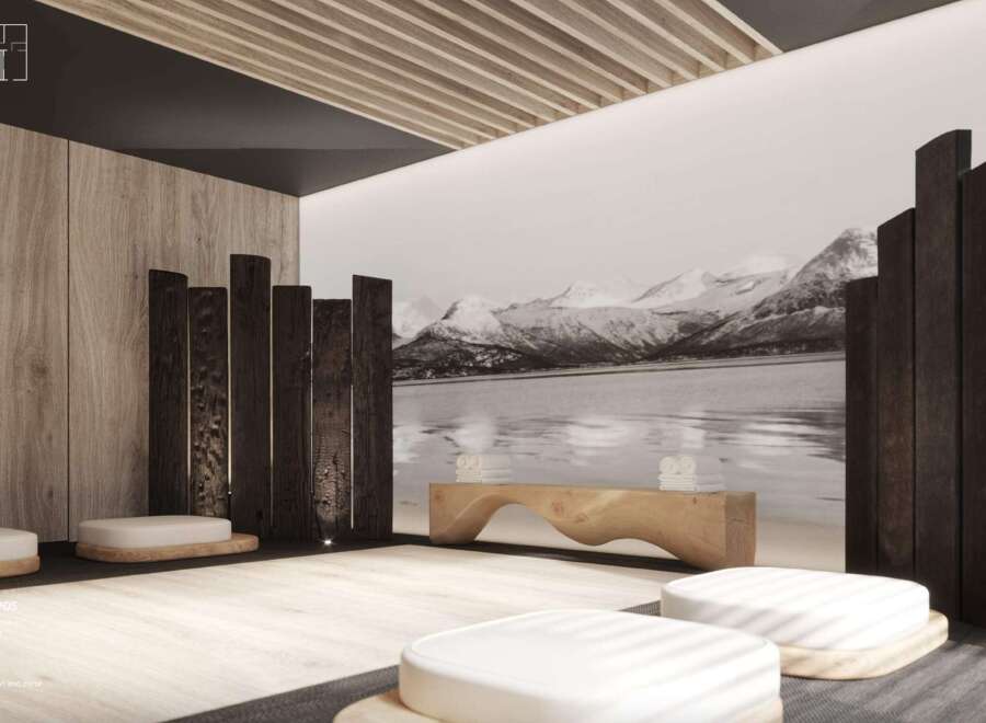 This serene yoga room features light-colored wood walls and a dark wood ceiling, creating a calming atmosphere.