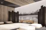 This serene yoga room features light-colored wood walls and a dark wood ceiling, creating a calming atmosphere.