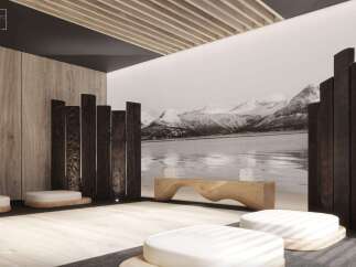 This serene yoga room features light-colored wood walls and a dark wood ceiling, creating a calming atmosphere.