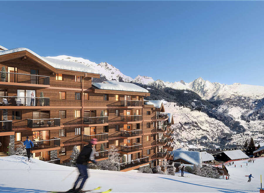Luxury ski-in/ski-out apartments in the French Alps, offering breathtaking mountain views and direct access to the slopes.