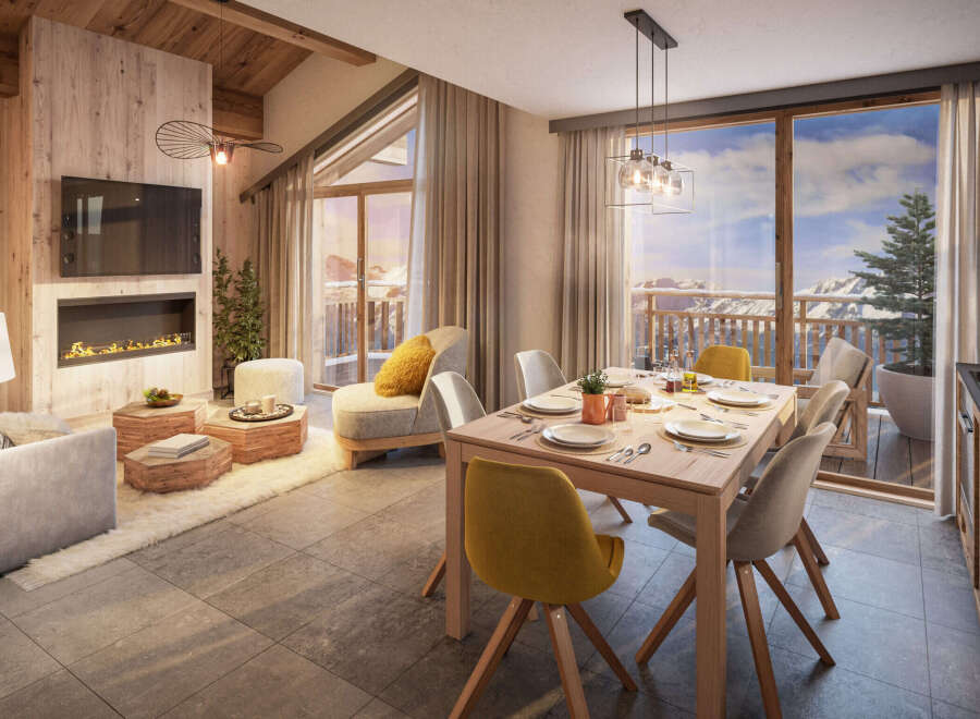 This stunning apartment boasts a spacious open-plan living area with floor-to-ceiling windows offering breathtaking mountain views.