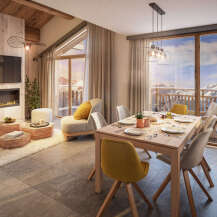 This stunning apartment boasts a spacious open-plan living area with floor-to-ceiling windows offering breathtaking mountain views.