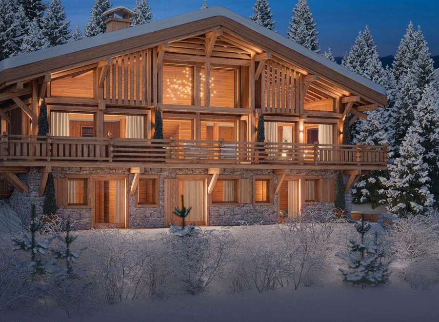 Luxury chalet in the French Alps, boasting stunning mountain views and exquisite wooden architecture.