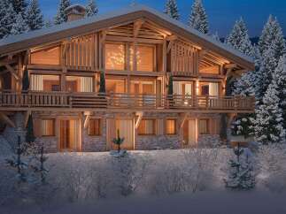 Luxury chalet in the French Alps, boasting stunning mountain views and exquisite wooden architecture.