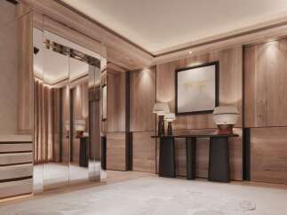 Luxury condo with stunning wood wall paneling and a mirrored elevator.