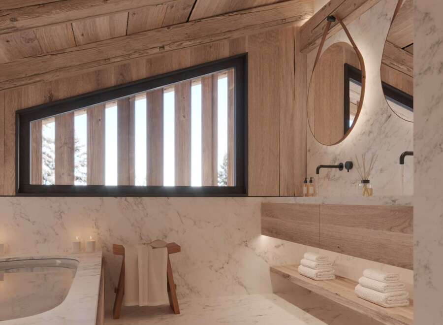 Luxurious bathroom with a freestanding tub and wooden accents.
