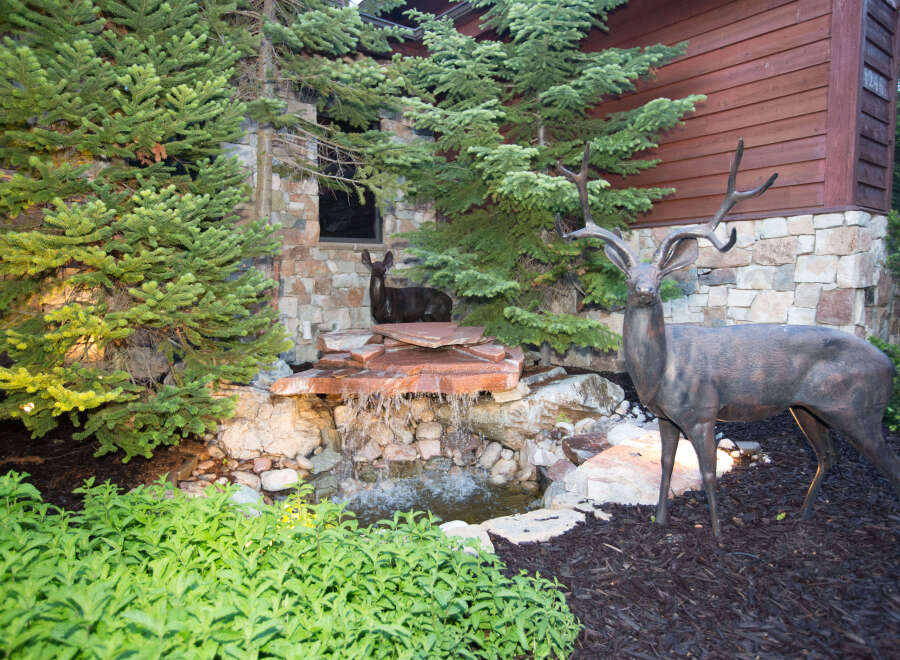 Discover a serene oasis with this stunning property, featuring a beautifully crafted water feature and lush greenery.