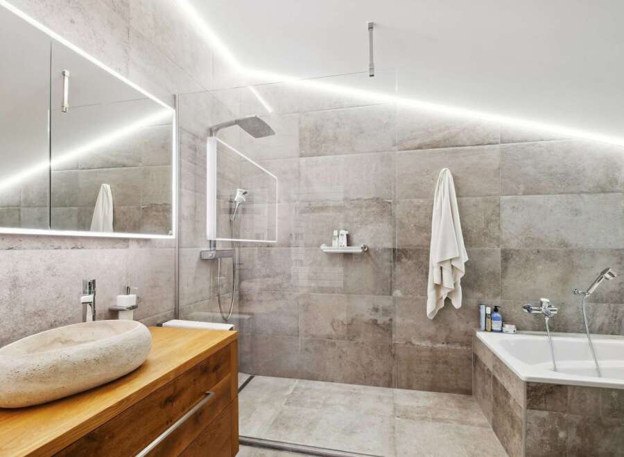Modern bathroom with a walk-in shower, bathtub, and stylish stone sink.