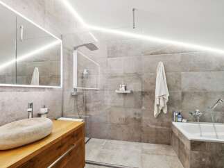 Modern bathroom with a walk-in shower, bathtub, and stylish stone sink.