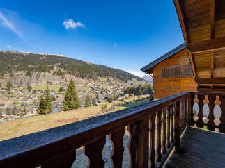 Enjoy breathtaking mountain views from this charming wooden chalet.