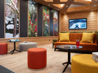 Relax in style in this cozy lounge area, featuring comfortable seating, a large screen TV, and unique nature-inspired wall art.
