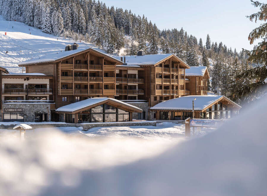 Nestled in a snow-covered forest, this stunning chalet-style hotel offers breathtaking views and luxurious accommodations.