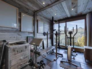 Luxury chalet gym with stunning mountain views.