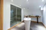 Luxurious spa-like bathroom with a modern free-standing sink and a glass-enclosed sauna.