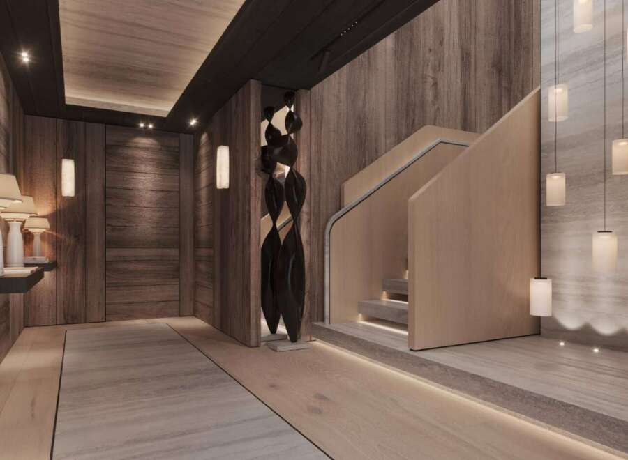 This stunning property boasts a grand entrance with a sleek, modern design.