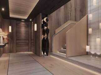 This stunning property boasts a grand entrance with a sleek, modern design.