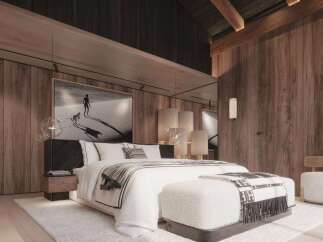 Luxurious mountain retreat with stunning wood-paneled walls and a cozy, comfortable bedroom.