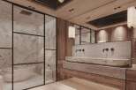 Luxurious bathroom with marble finishes and wooden accents.