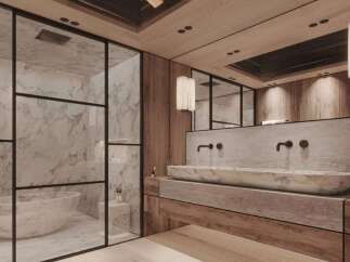 Luxurious bathroom with marble finishes and wooden accents.