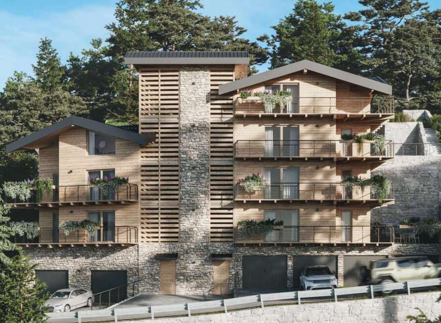Luxury mountain chalet with stunning views and private balconies.