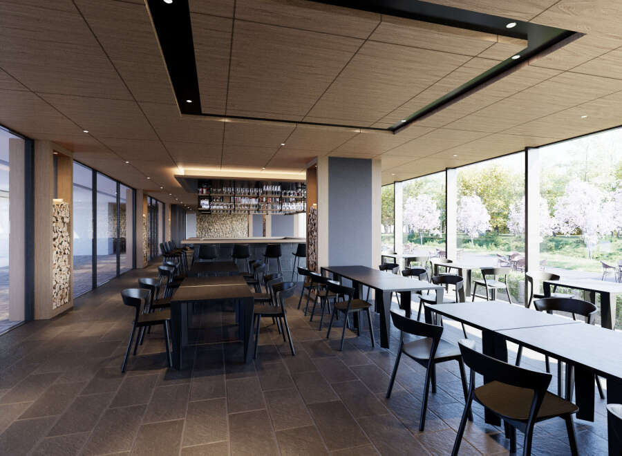 This modern restaurant boasts a sleek design with floor-to-ceiling windows offering scenic views, complemented by dark wood ceilings and black furniture.
