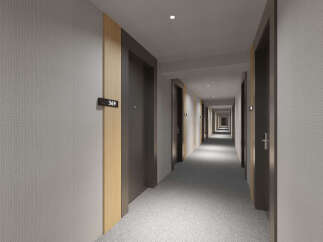 This hotel boasts a modern and minimalist hallway design, featuring sleek dark doors accented with light wood trim.