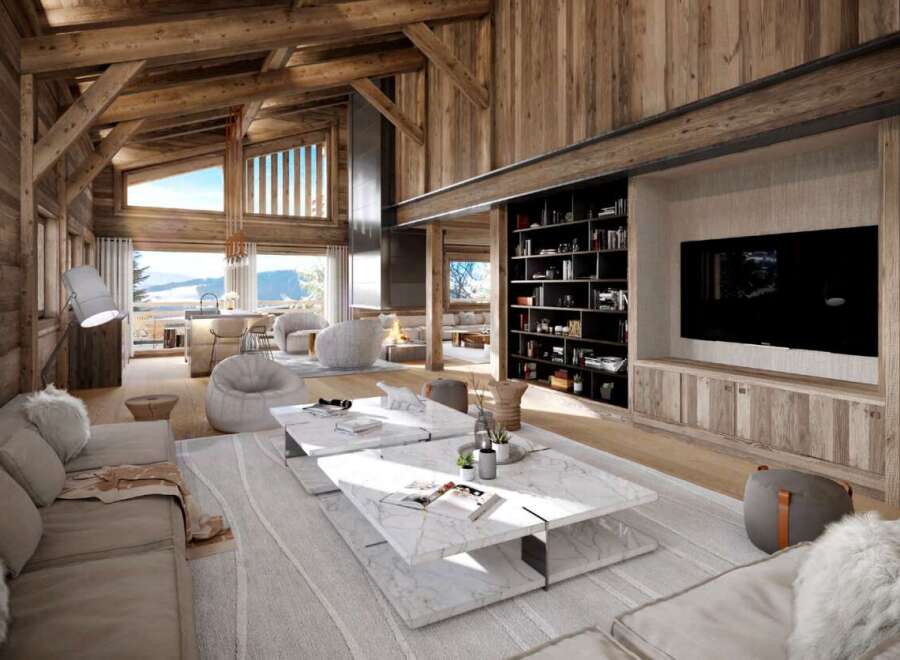 This stunning chalet boasts a spacious open-plan living area with floor-to-ceiling windows offering breathtaking mountain views.